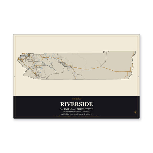 Riverside County, California Map Aluminum Sign in Museum Plaque style