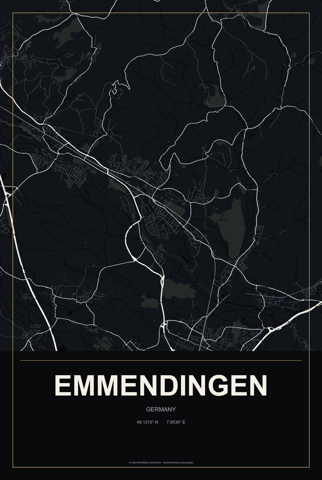 Emmendingen, Germany City Map Aluminum Sign in Metropolitan Noir style