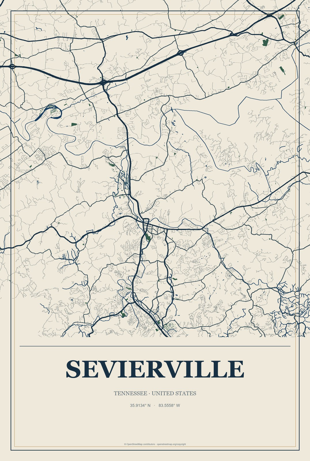Sevierville, Tennessee City Map Aluminum Sign in Coastal Cutout style