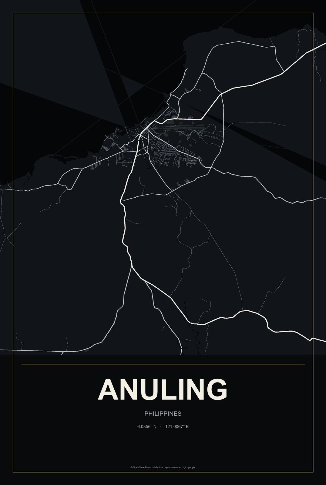 Anuling, Philippines City Map Aluminum Sign in Metropolitan Noir style