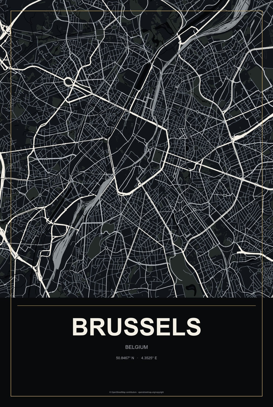 Brussels, Belgium City Map Aluminum Sign in Metropolitan Noir style
