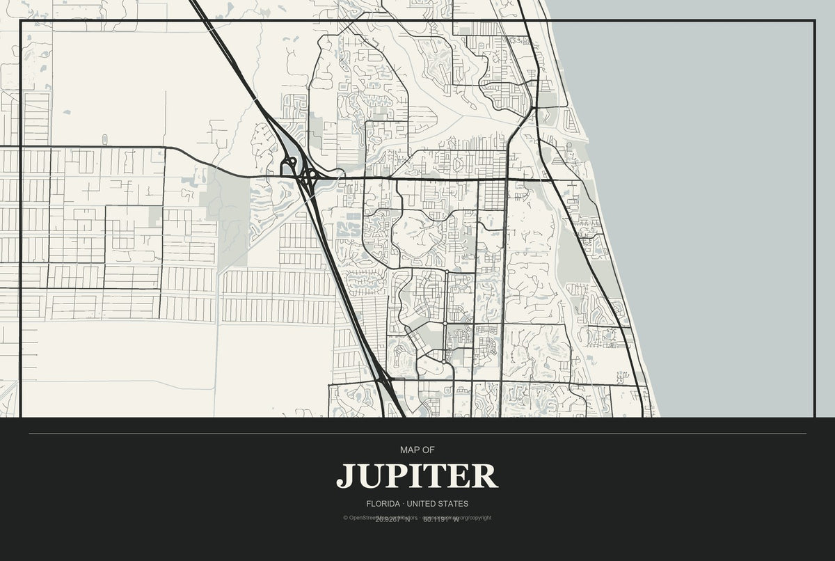Jupiter, Florida City Map Aluminum Sign in Museum Plaque style