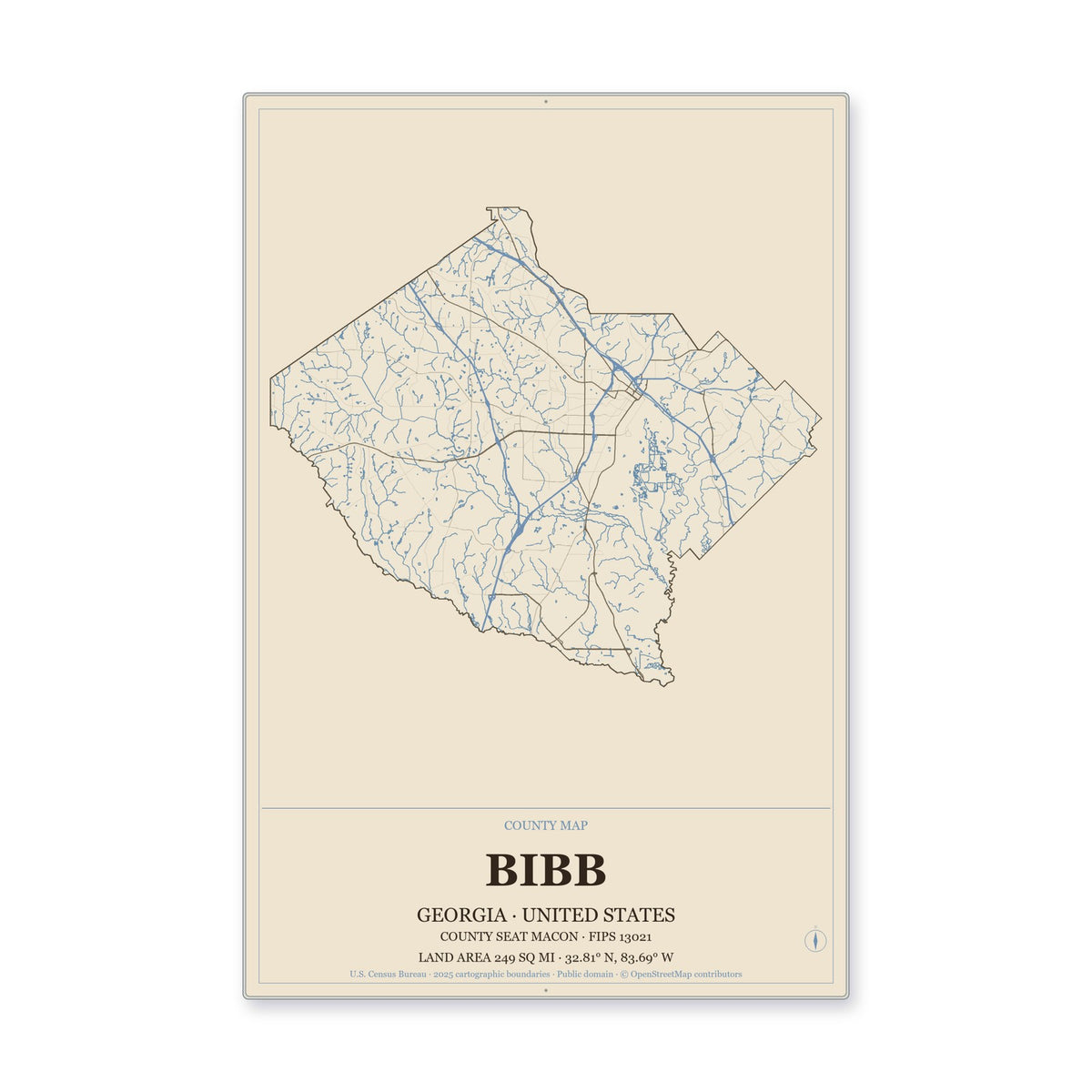 Bibb County, Georgia Map Aluminum Sign in Heritage Nautical style