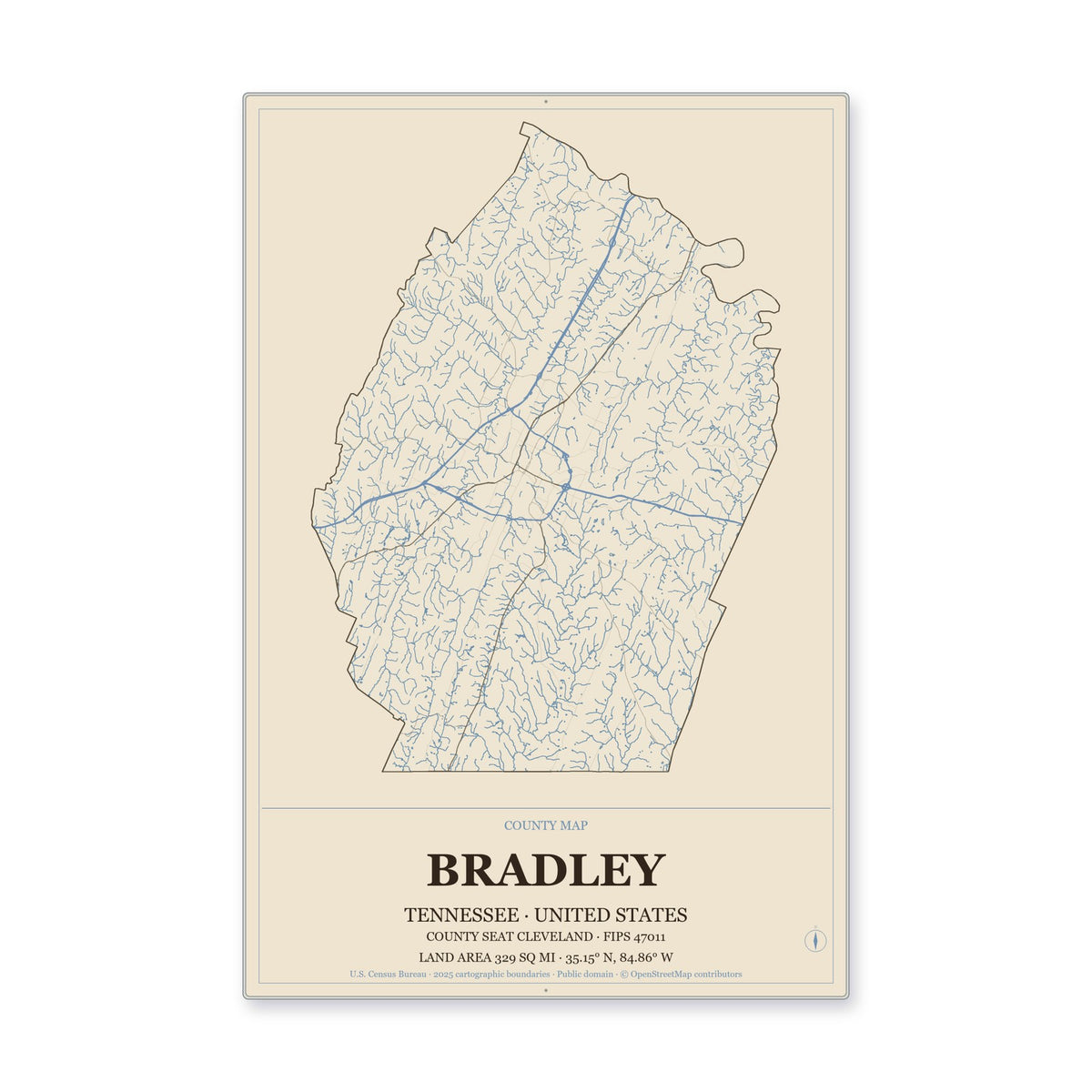 Bradley County, Tennessee Map Aluminum Sign in Heritage Nautical style