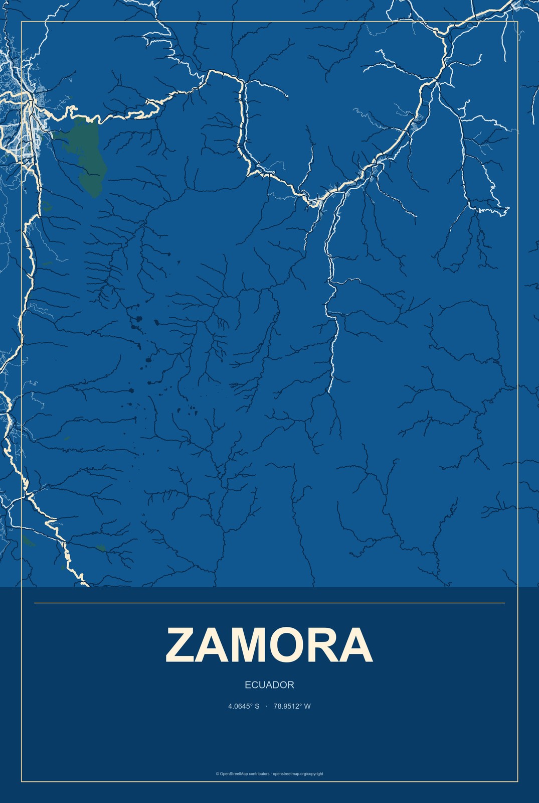 Zamora, Ecuador City Map Aluminum Sign in Harbor Cobalt style