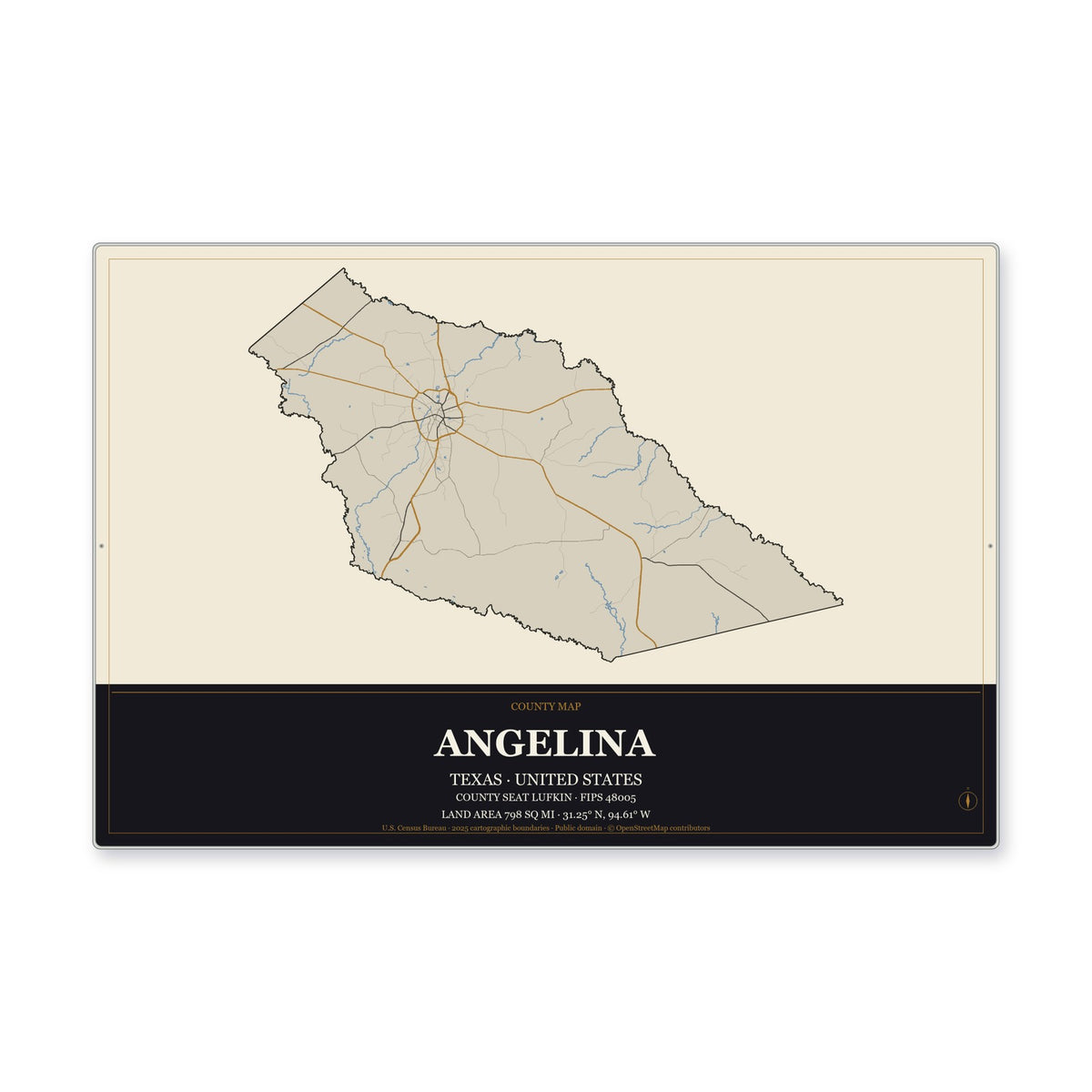 Angelina County, Texas Map Aluminum Sign in Museum Plaque style
