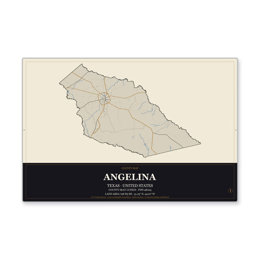 Angelina County, Texas Map Aluminum Sign in Museum Plaque style