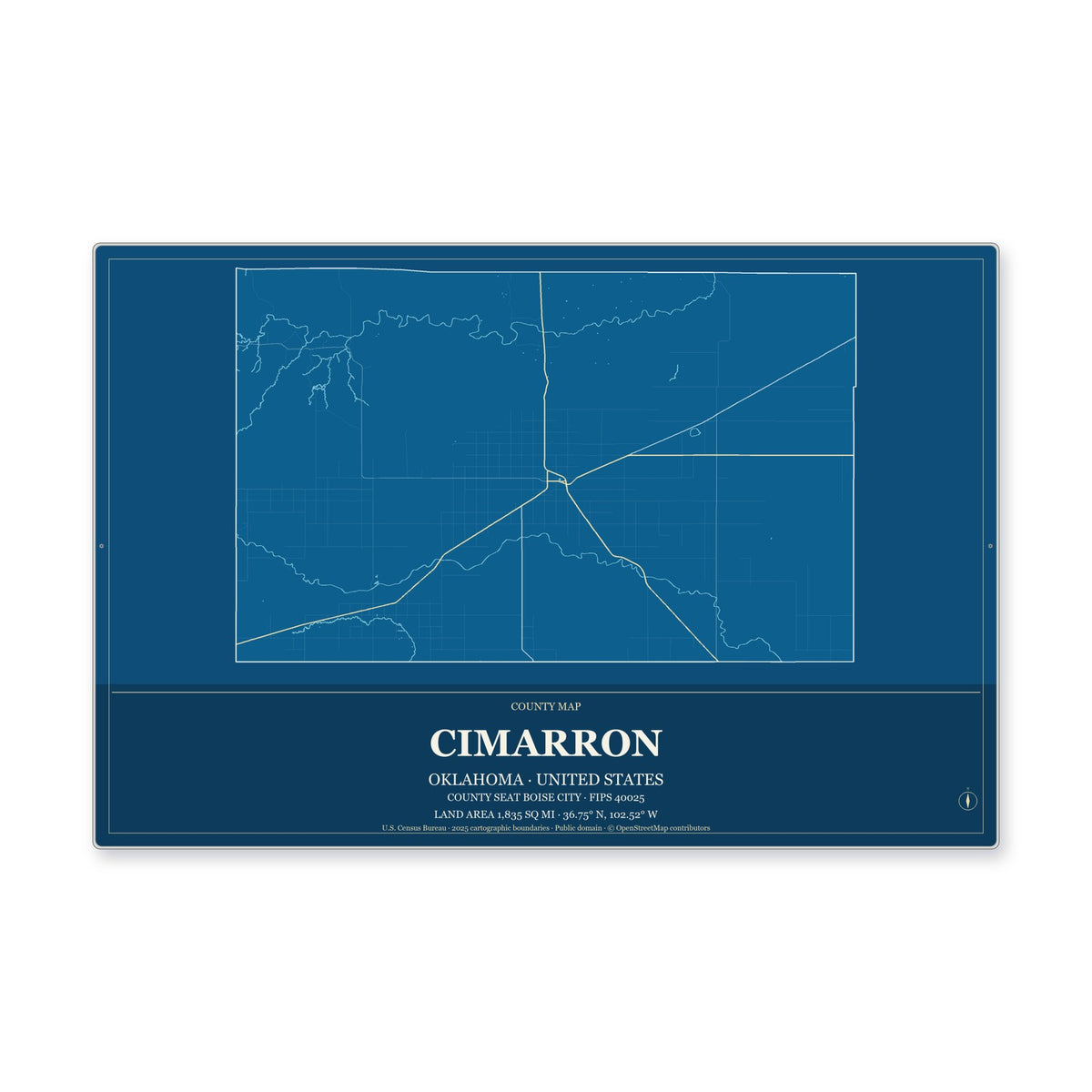 Cimarron County, Oklahoma Map Aluminum Sign in Harbor Cobalt style