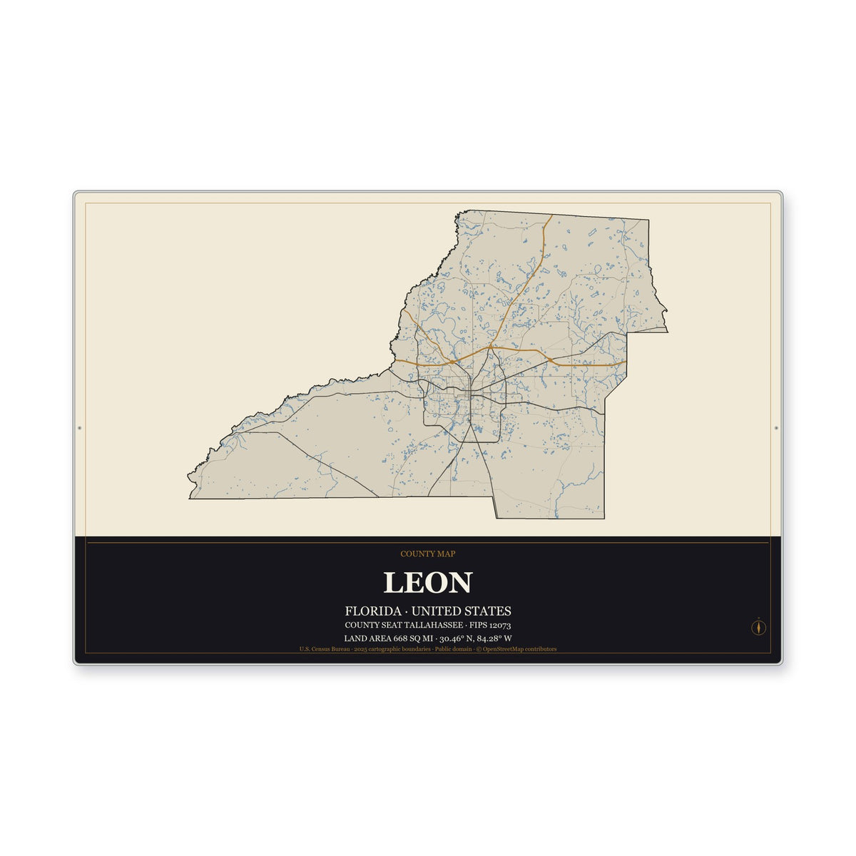 Leon County, Florida Map Aluminum Sign in Museum Plaque style