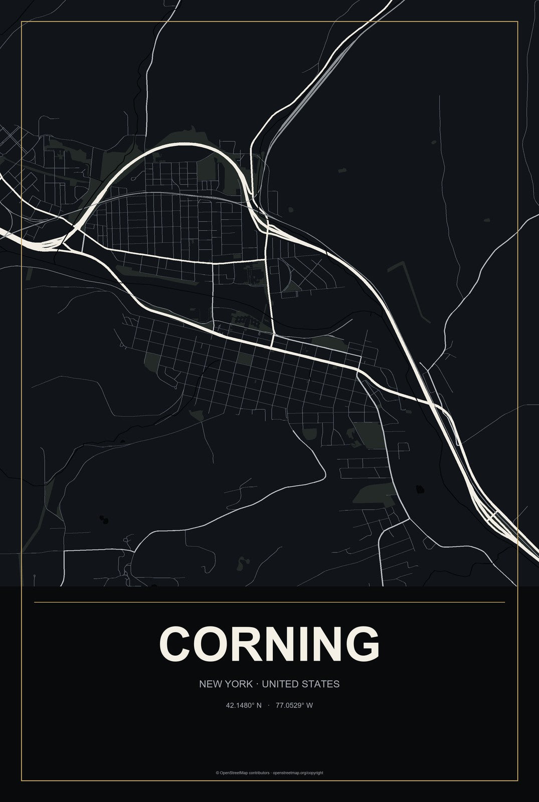 Corning, New York City Map Aluminum Sign in Metropolitan Noir style
