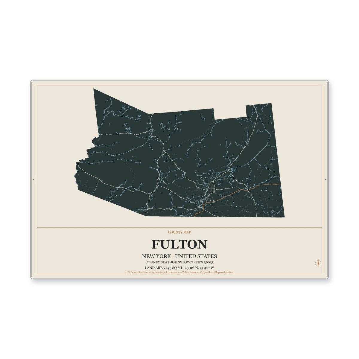 Fulton County, New York Map Aluminum Sign in Headline Atlas style