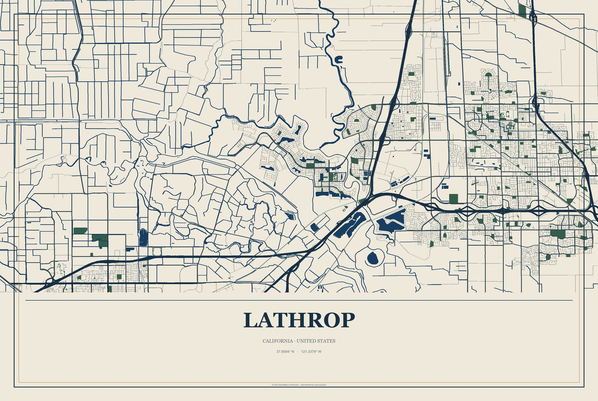 Lathrop, California City Map Aluminum Sign in Coastal Cutout style