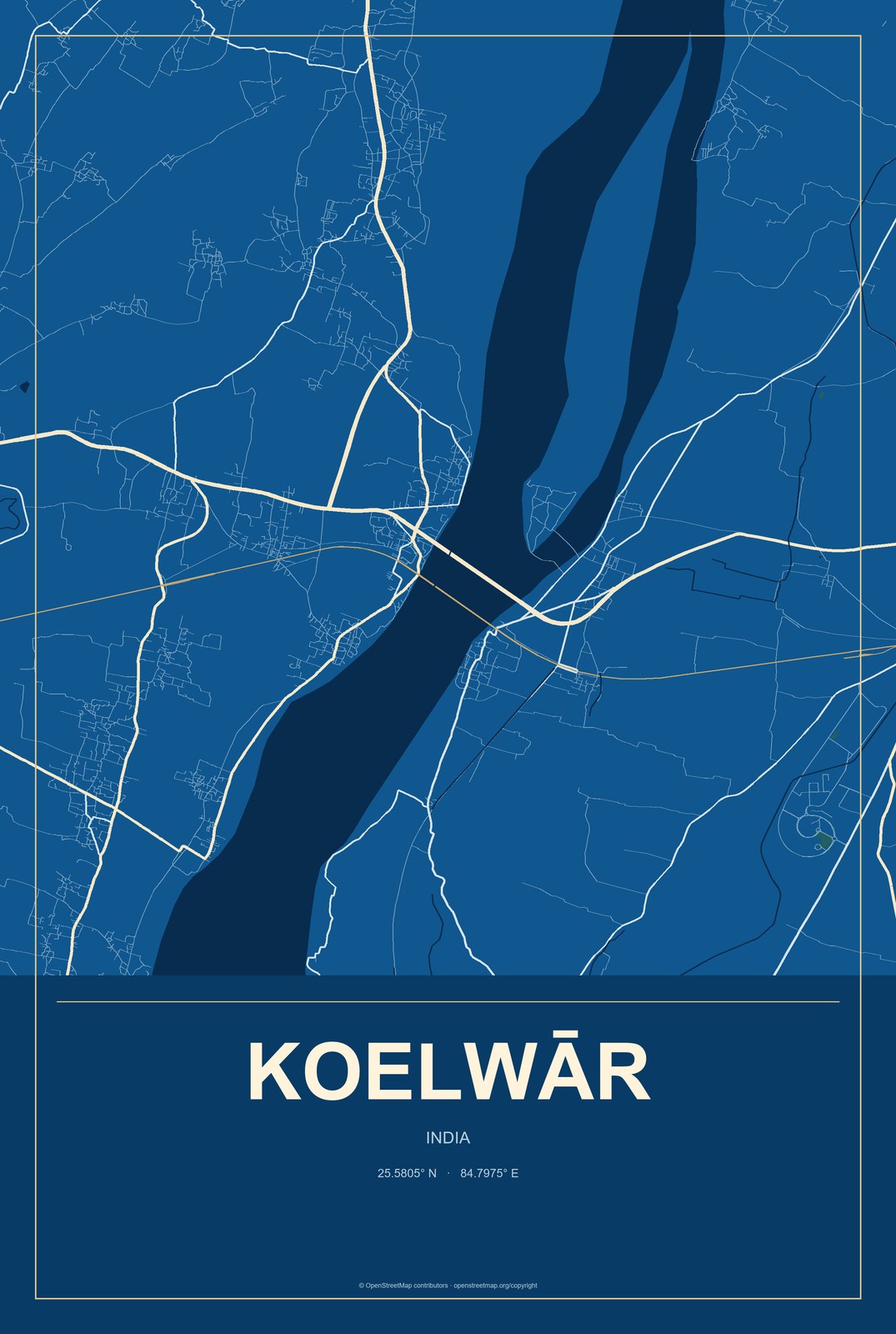 Koelwār, India City Map Aluminum Sign in Harbor Cobalt style