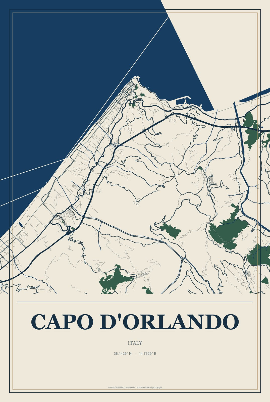 Capo d'Orlando, Italy City Map Aluminum Sign in Coastal Cutout style