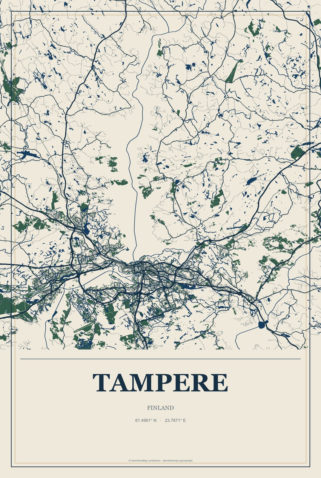 Tampere, Finland City Map Aluminum Sign in Coastal Cutout style