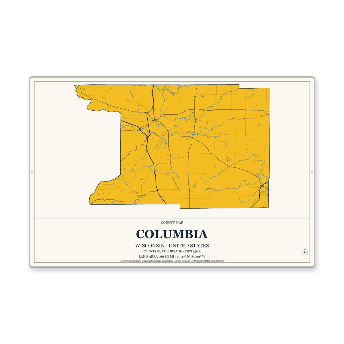 Columbia County, Wisconsin Map Aluminum Sign in Citrine Modern style