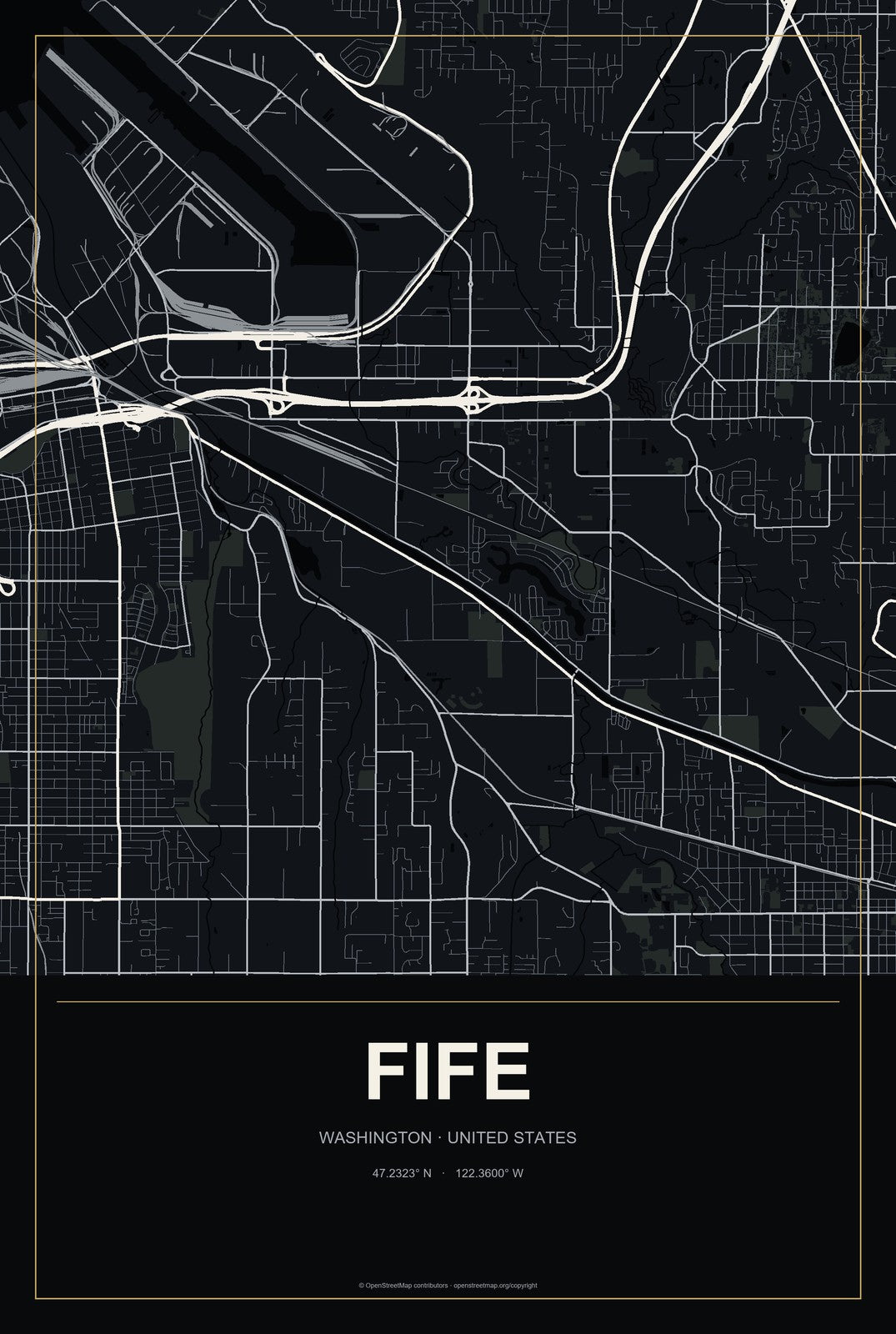 Fife, Washington City Map Aluminum Sign in Metropolitan Noir style