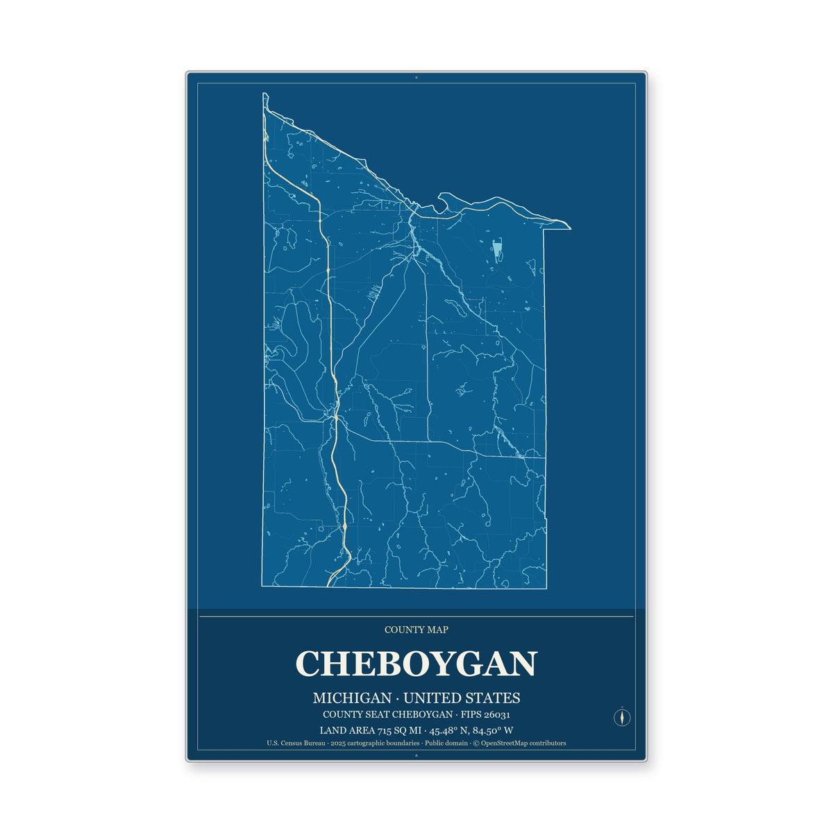Cheboygan County, Michigan Map Aluminum Sign in Harbor Cobalt style