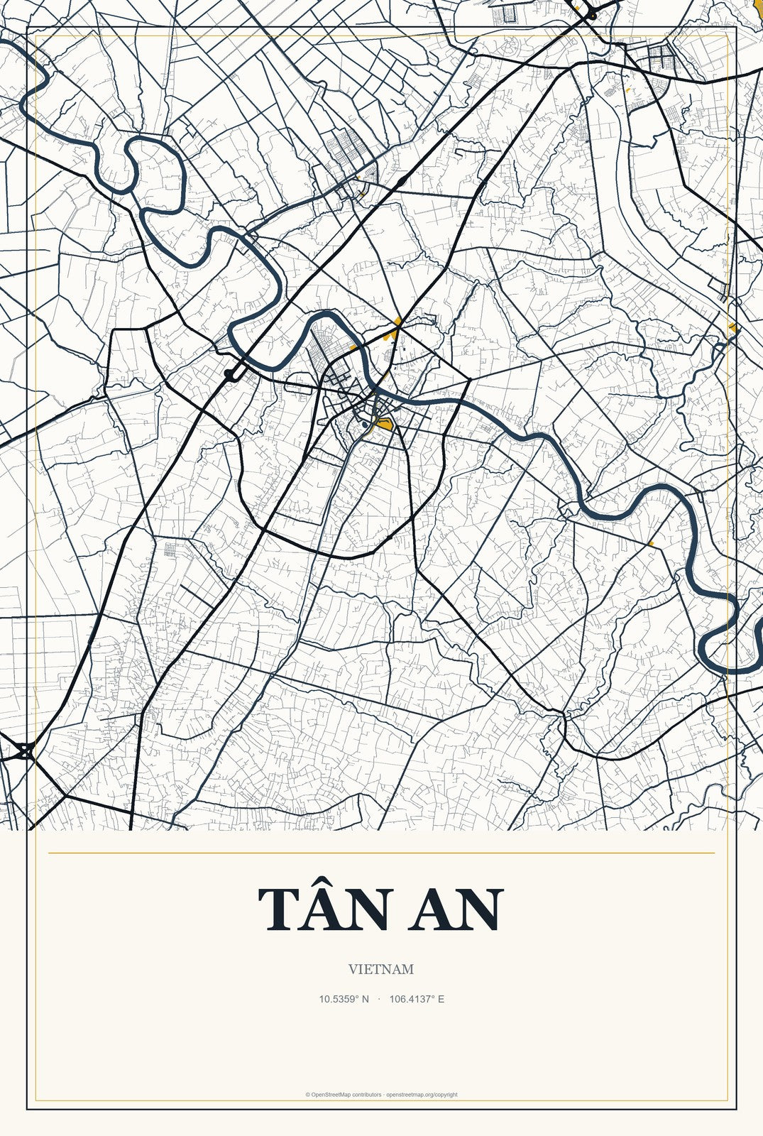 Tân An, Vietnam City Map Aluminum Sign in Citrine Modern style