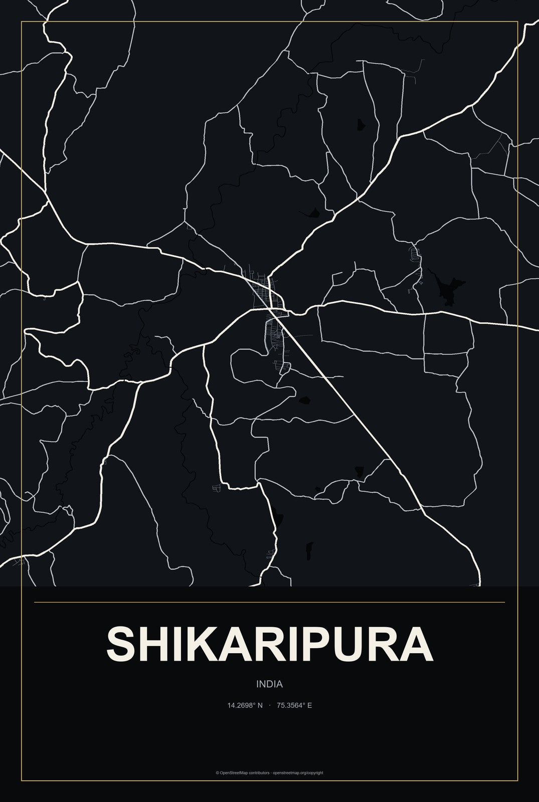 Shikaripura, India City Map Aluminum Sign in Metropolitan Noir style