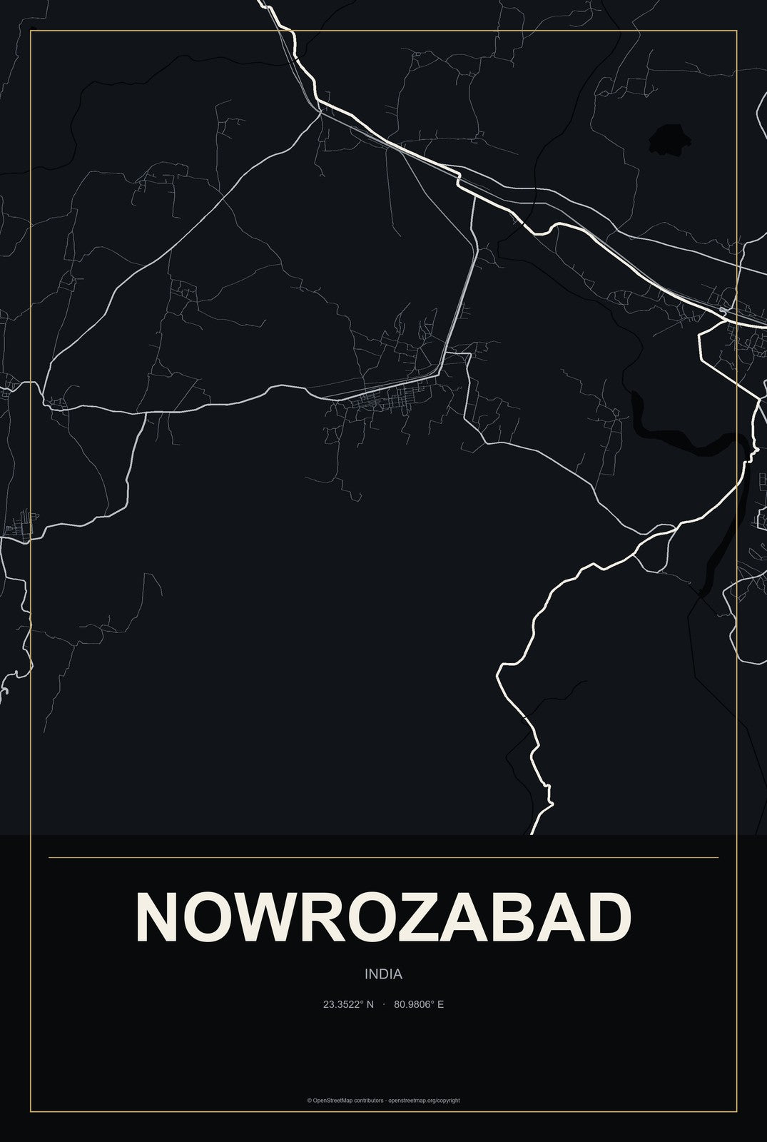 Nowrozabad, India City Map Aluminum Sign in Metropolitan Noir style
