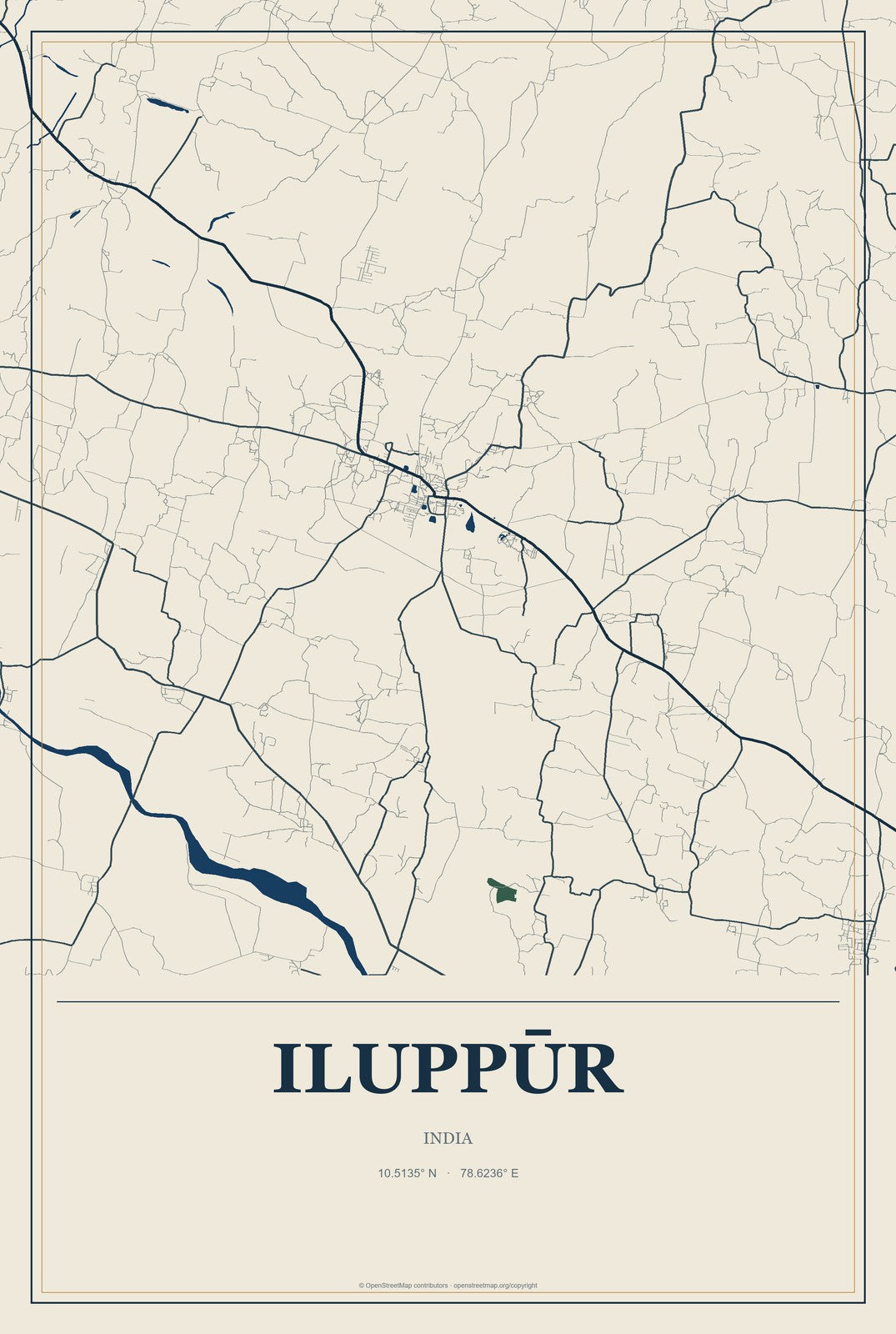 Iluppūr, India City Map Aluminum Sign in Coastal Cutout style
