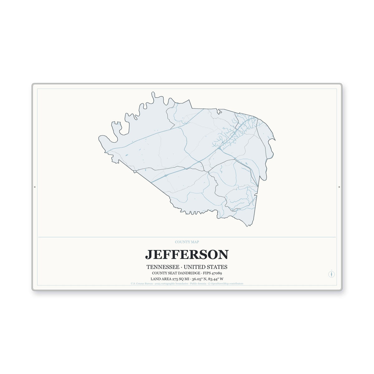 Jefferson County, Tennessee Map Aluminum Sign in Gallery Air style