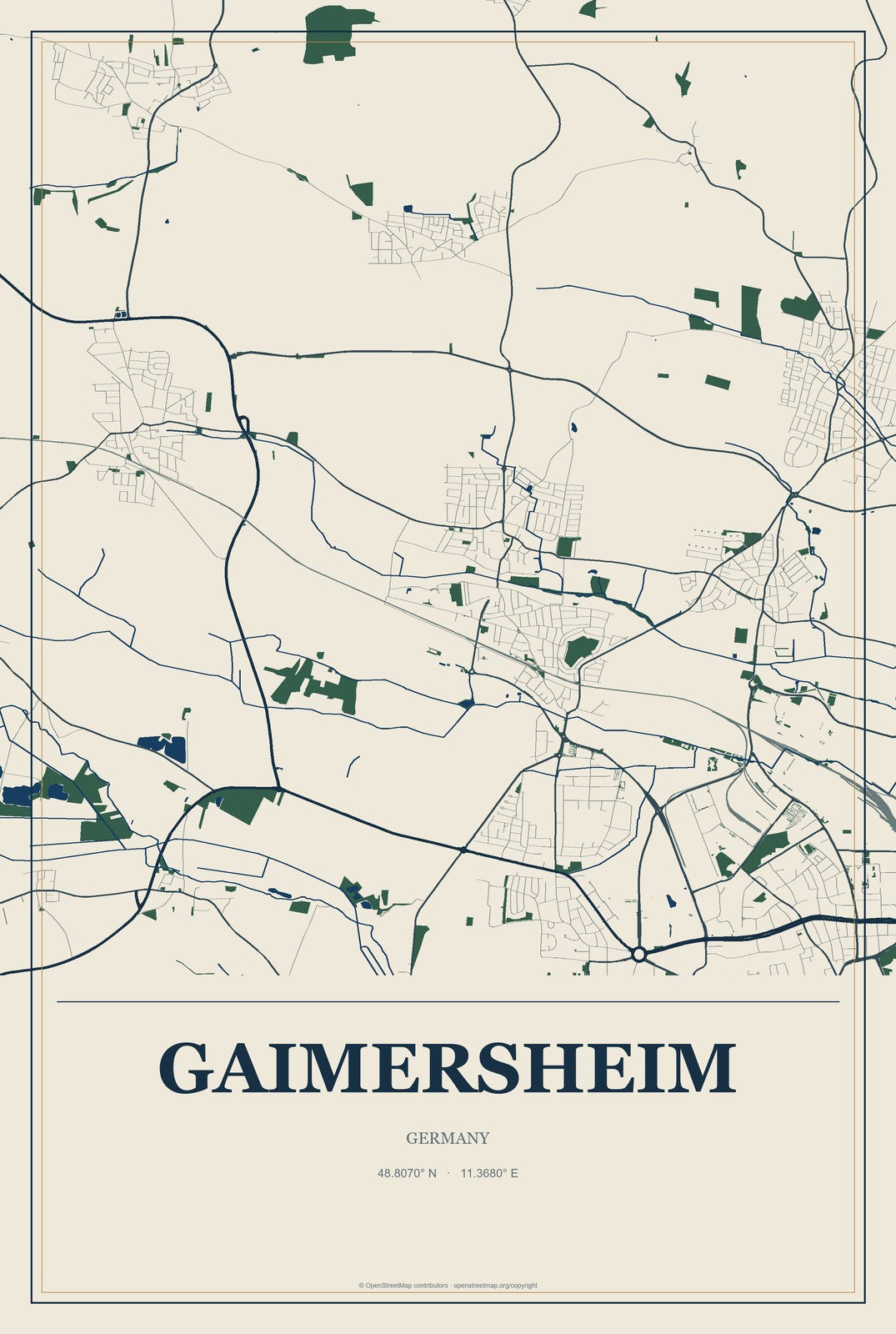 Gaimersheim, Germany City Map Aluminum Sign in Coastal Cutout style