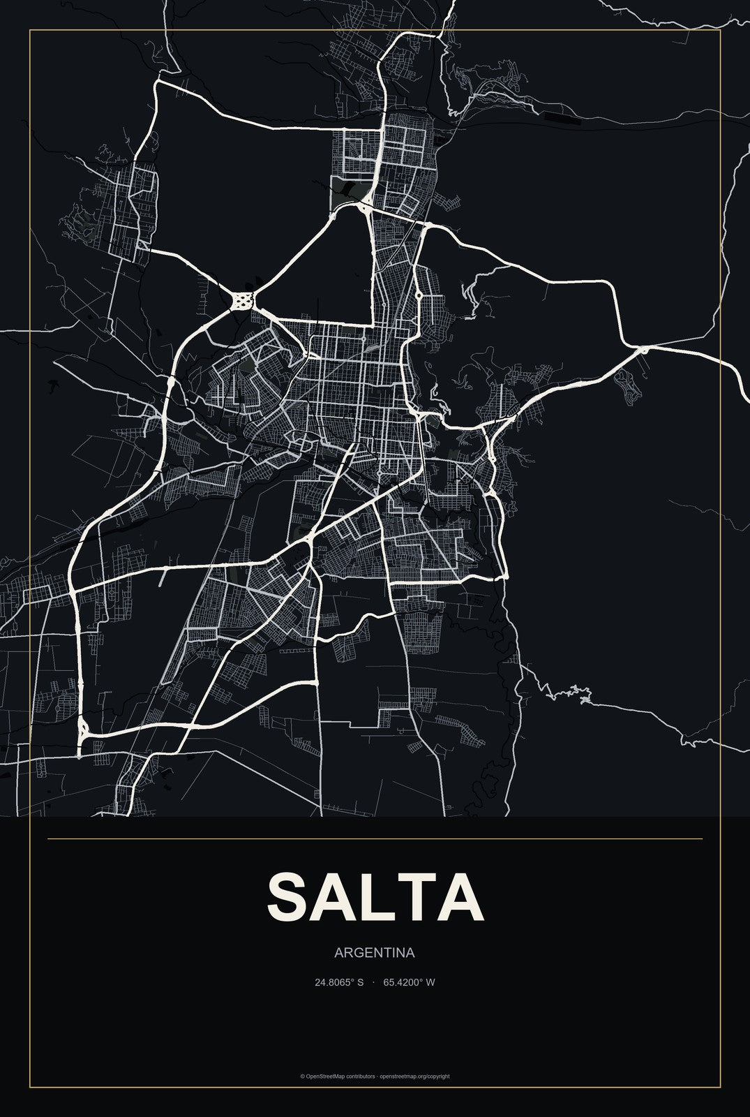 Salta, Argentina City Map Aluminum Sign in Metropolitan Noir style
