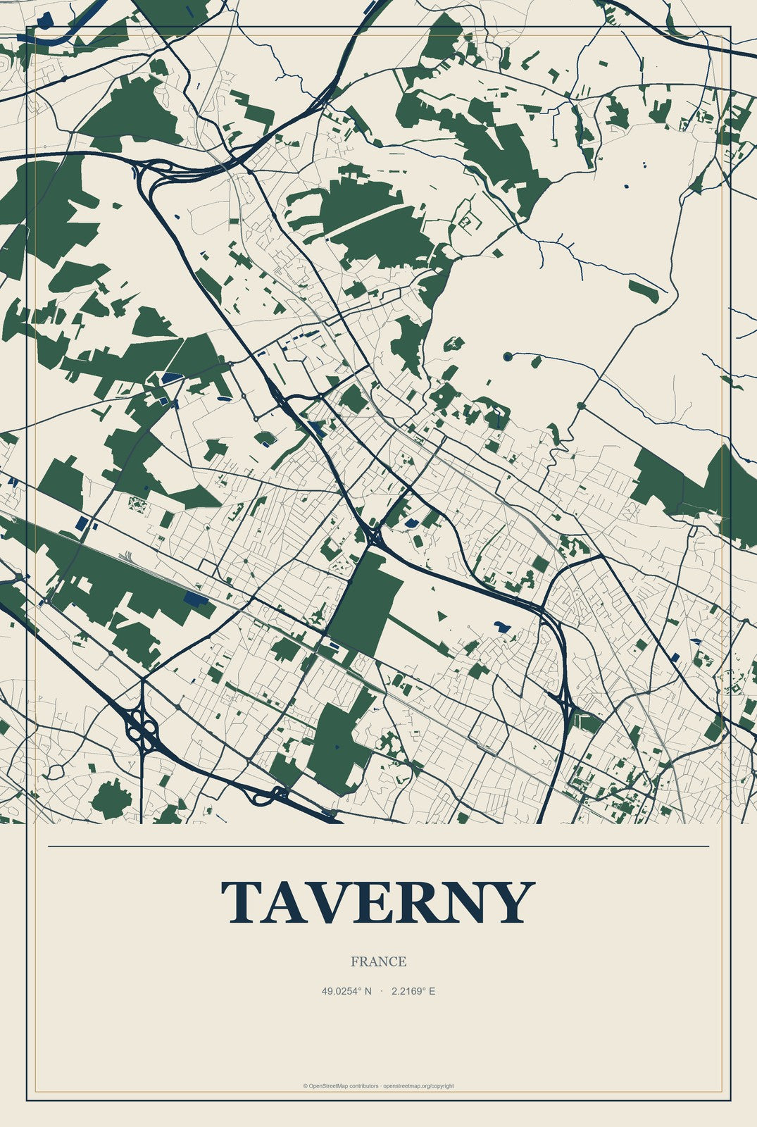 Taverny, France City Map Aluminum Sign in Coastal Cutout style