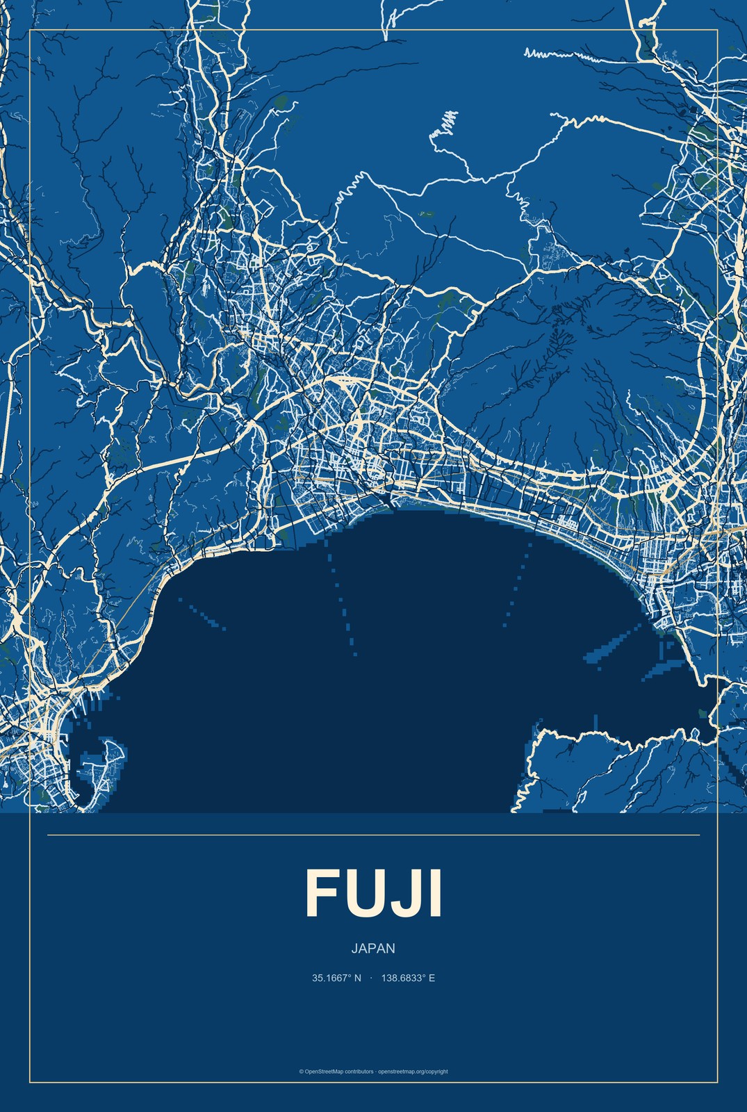 Fuji, Japan City Map Aluminum Sign in Harbor Cobalt style