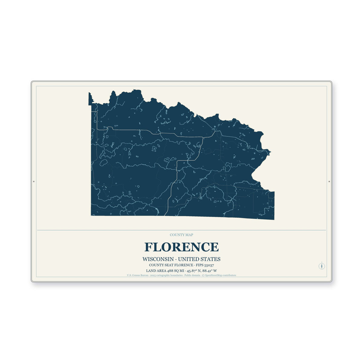 Florence County, Wisconsin Map Aluminum Sign in Coastal Cutout style