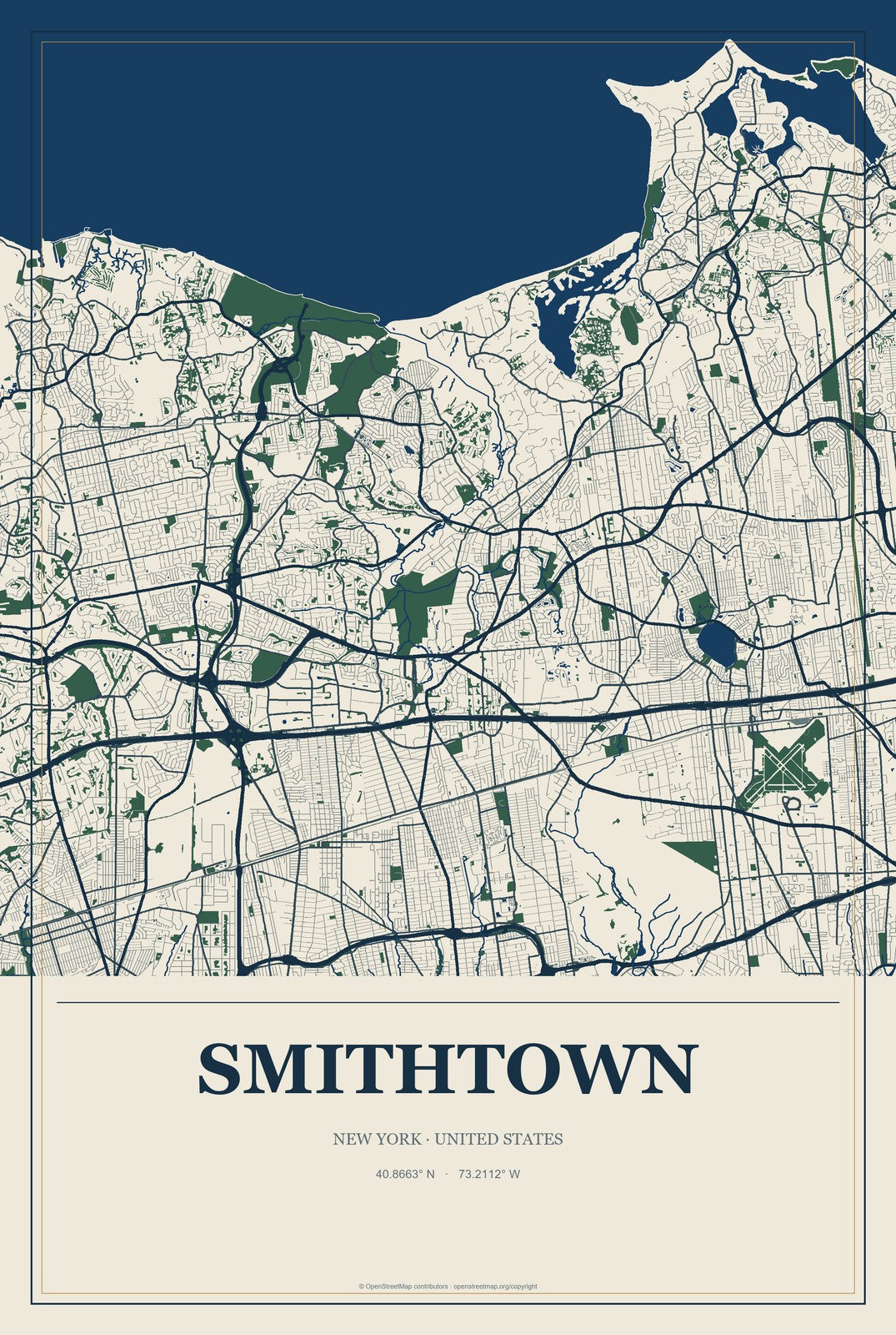 Smithtown, New York City Map Aluminum Sign in Coastal Cutout style