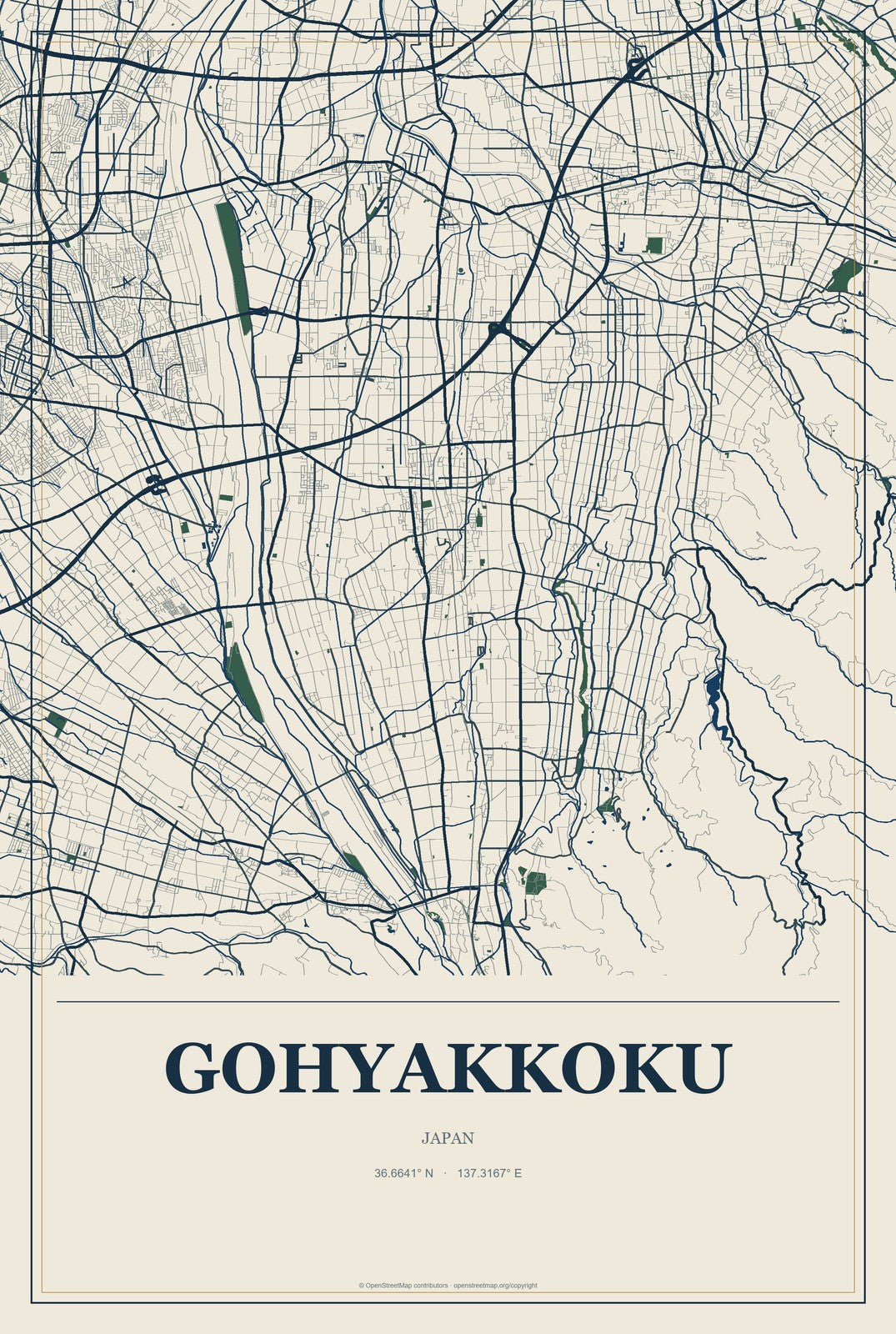Gohyakkoku, Japan City Map Aluminum Sign in Coastal Cutout style
