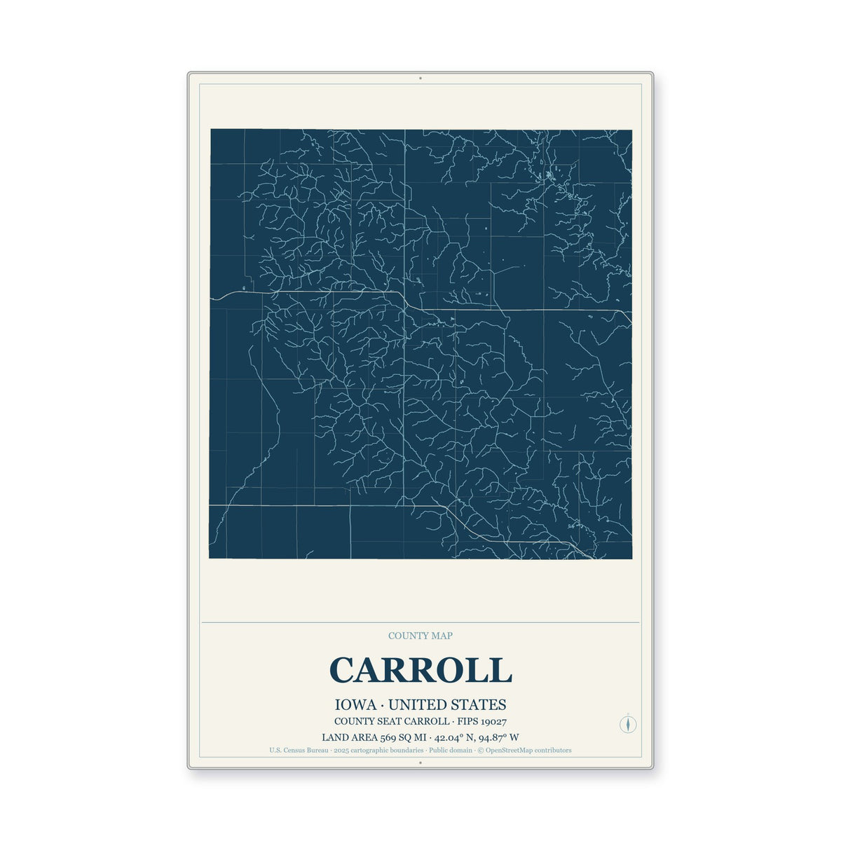 Carroll County, Iowa Map Aluminum Sign in Coastal Cutout style
