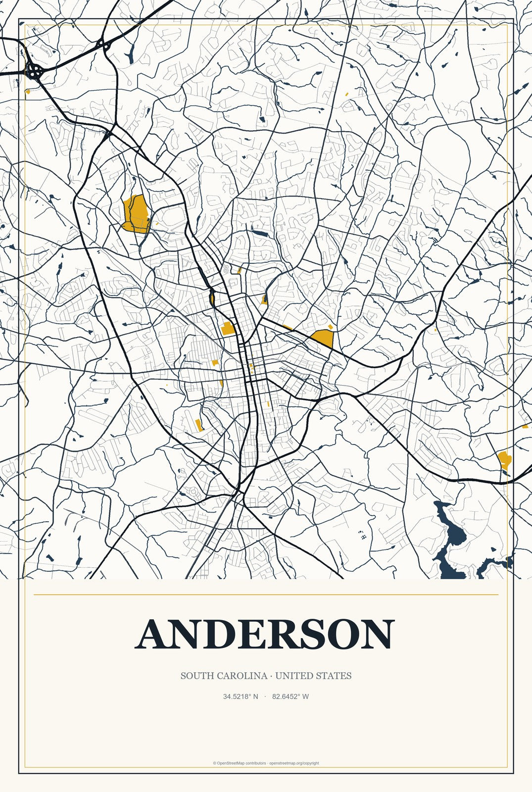 Anderson, South Carolina City Map Aluminum Sign in Citrine Modern style