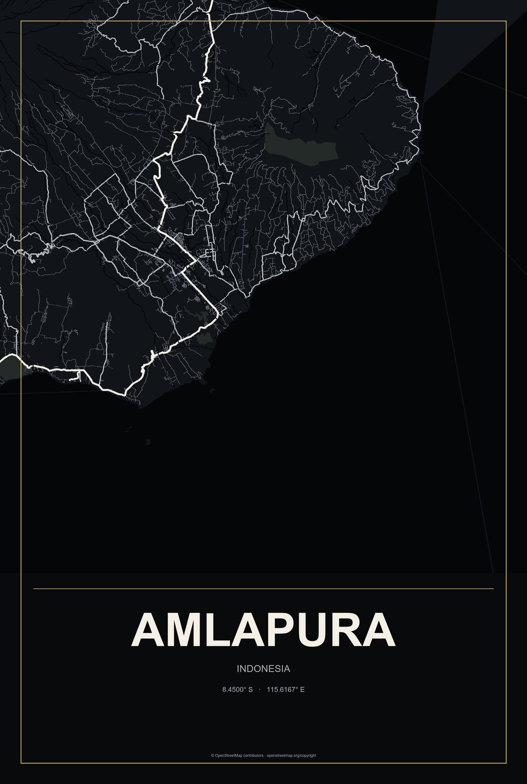 Amlapura, Indonesia City Map Aluminum Sign in Metropolitan Noir style