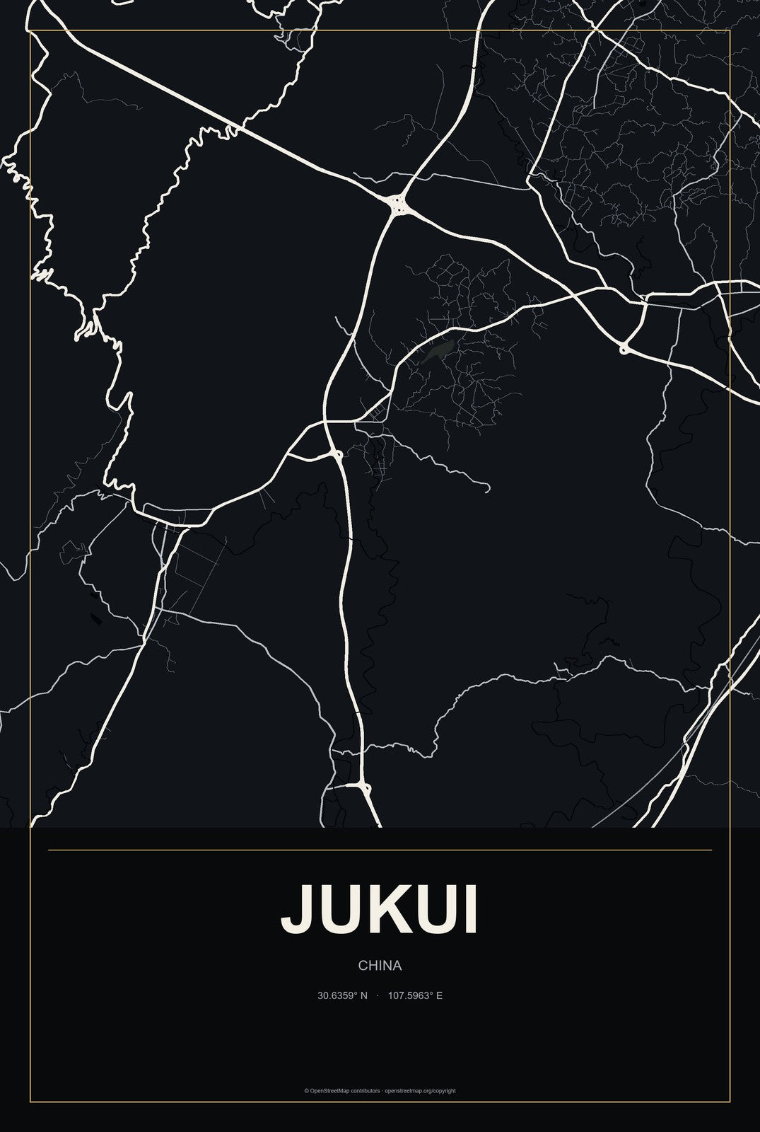 Jukui, China City Map Aluminum Sign in Metropolitan Noir style