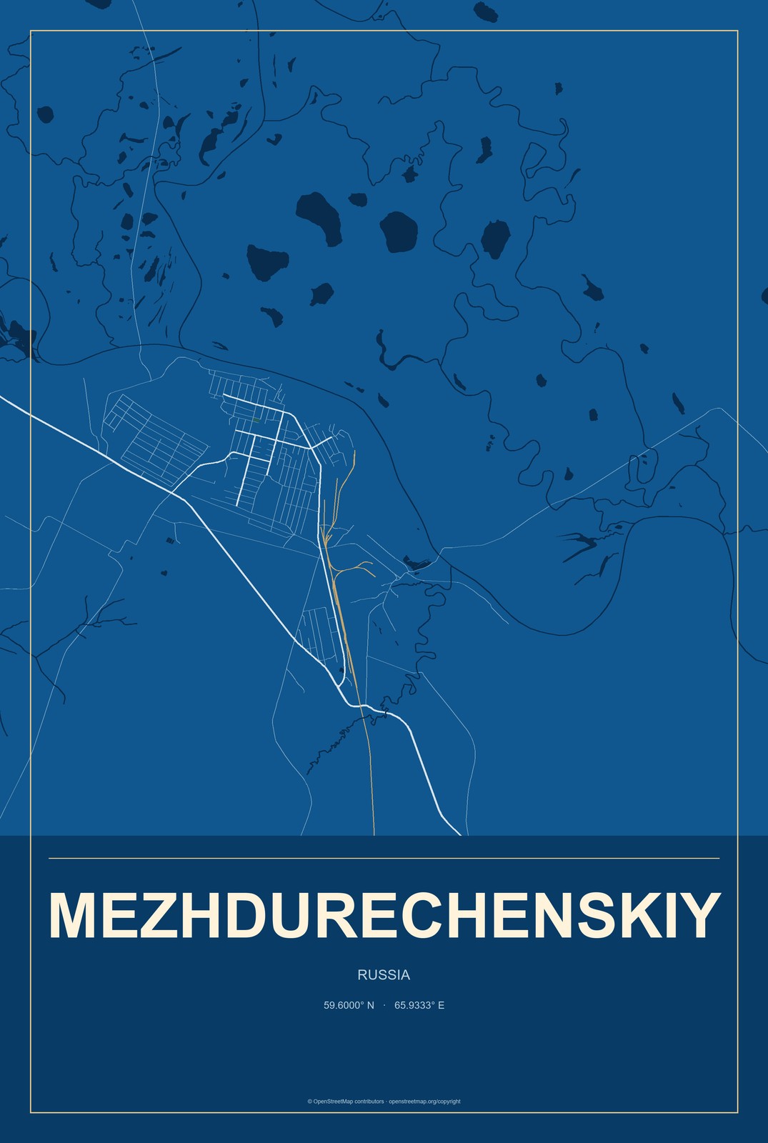 Mezhdurechenskiy, Russia City Map Aluminum Sign in Harbor Cobalt style
