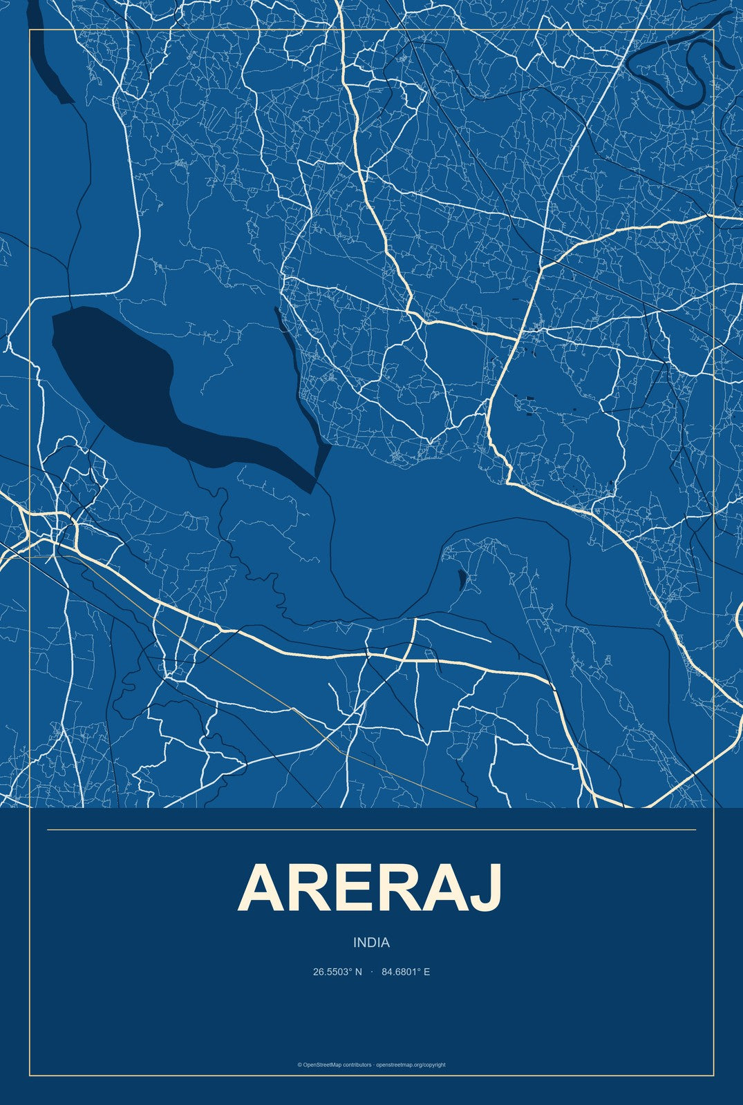 Areraj, India City Map Aluminum Sign in Harbor Cobalt style
