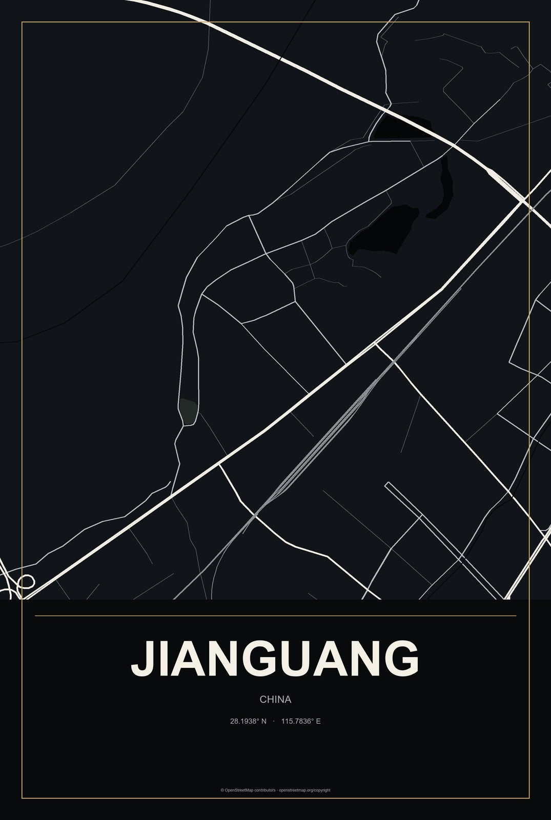 Jianguang, China City Map Aluminum Sign in Metropolitan Noir style