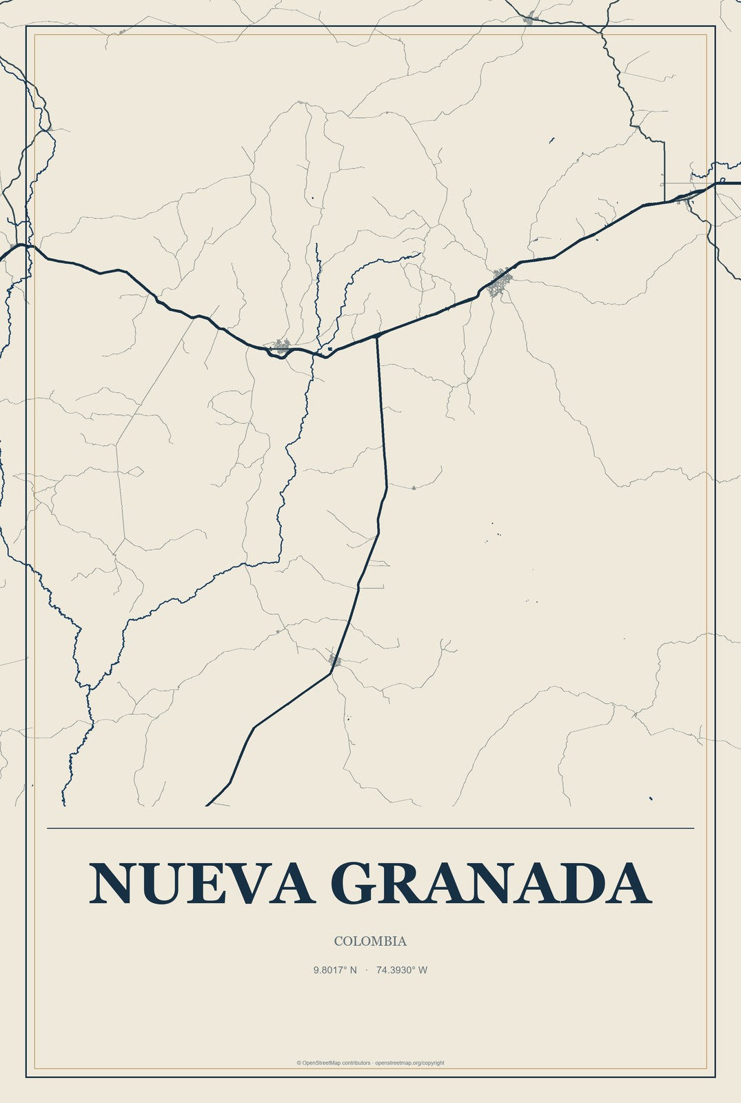 Nueva Granada, Colombia City Map Aluminum Sign in Coastal Cutout style