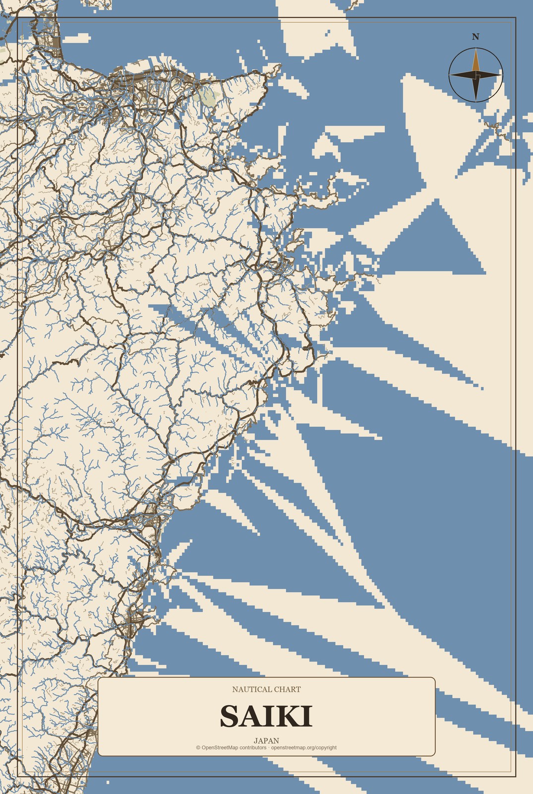 Saiki, Japan City Map Aluminum Sign in Heritage Nautical style