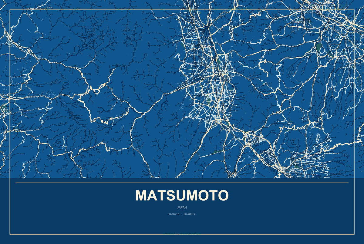 Matsumoto, Japan City Map Aluminum Sign in Harbor Cobalt style