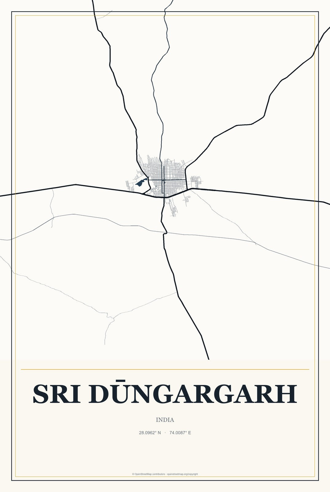 Sri Dūngargarh, India City Map Aluminum Sign in Citrine Modern style