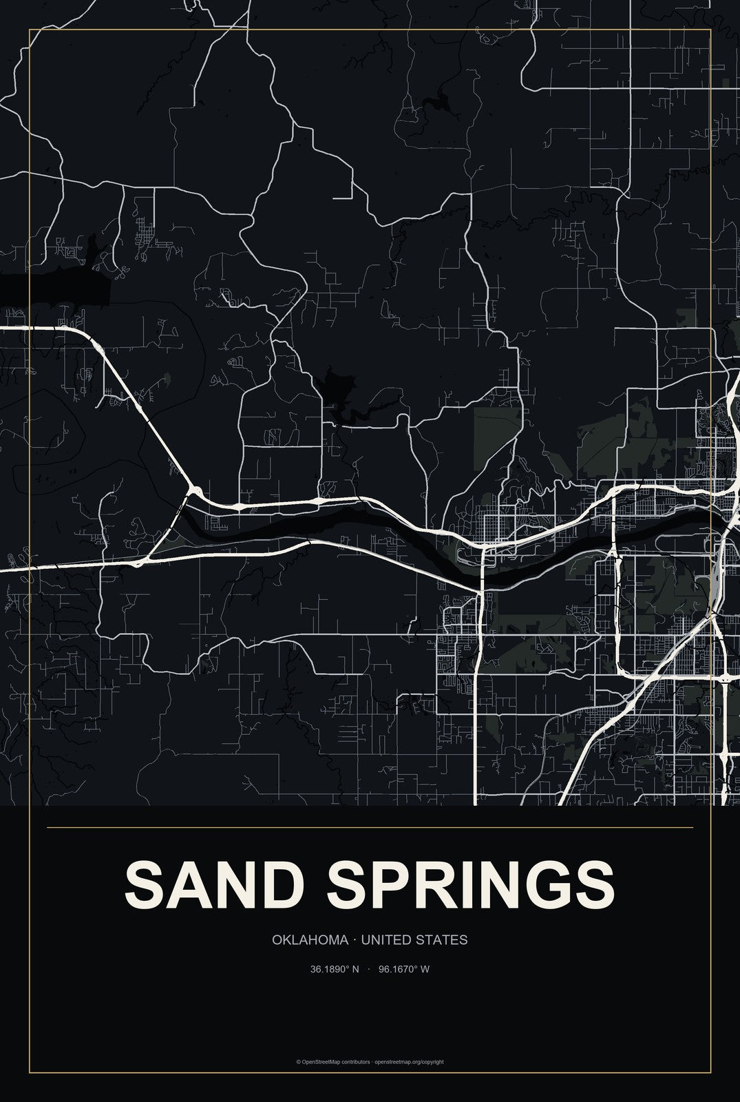 Sand Springs, Oklahoma City Map Aluminum Sign in Metropolitan Noir style