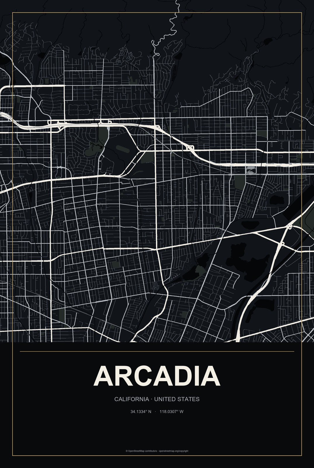 Arcadia, California City Map Aluminum Sign in Metropolitan Noir style