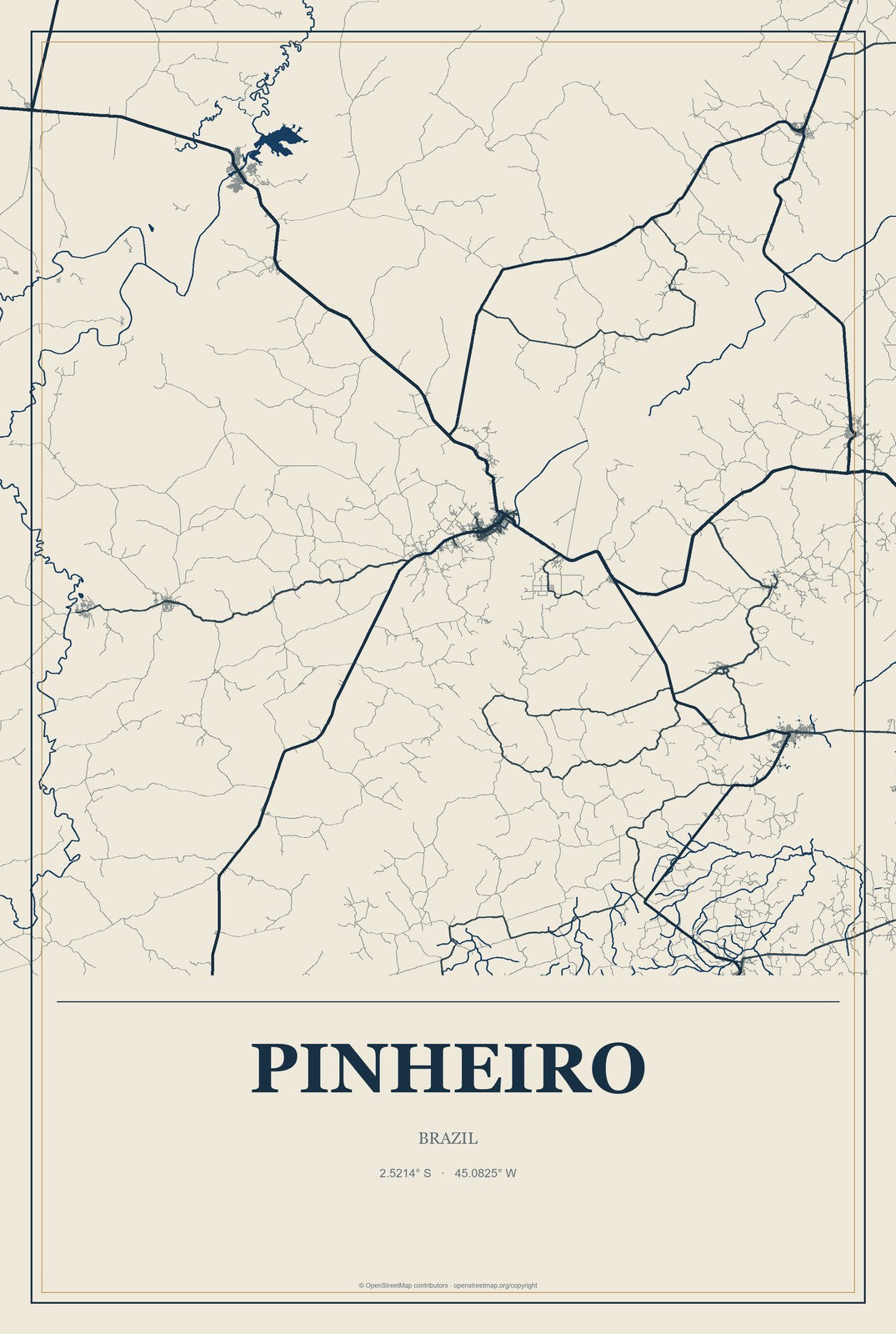 Pinheiro, Brazil City Map Aluminum Sign in Coastal Cutout style