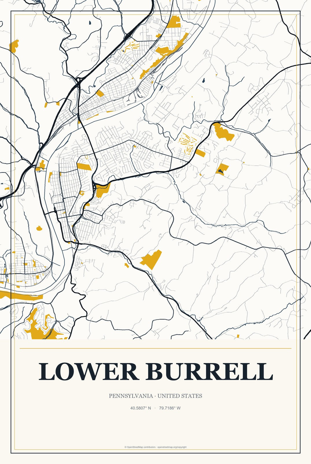 Lower Burrell, Pennsylvania City Map Aluminum Sign in Citrine Modern style