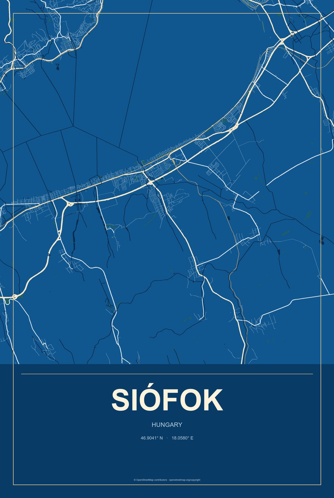 Siófok, Hungary City Map Aluminum Sign in Harbor Cobalt style